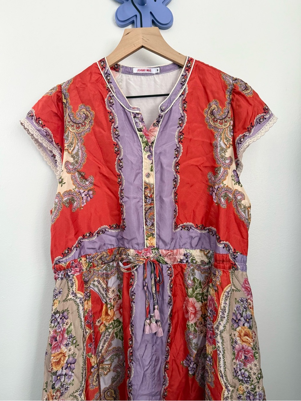 Johnny Was Medium Markel Lucy Tie Dress Silk Orange Purple Floral Boho Gypsy - Picture 3 of 11
